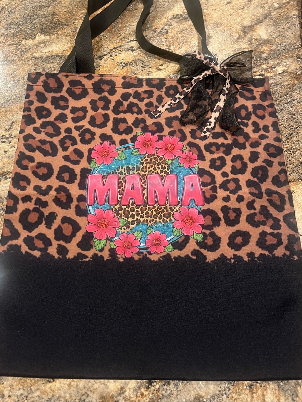 Mama Leopard Print Tote Bag with Floral Accent